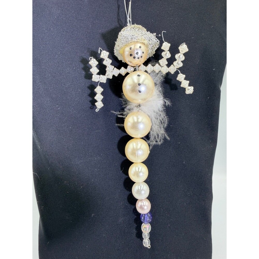 Vintage 70s Beaded Graduated Pearl Snowman Ornament 7" Feather Hat Kitsch